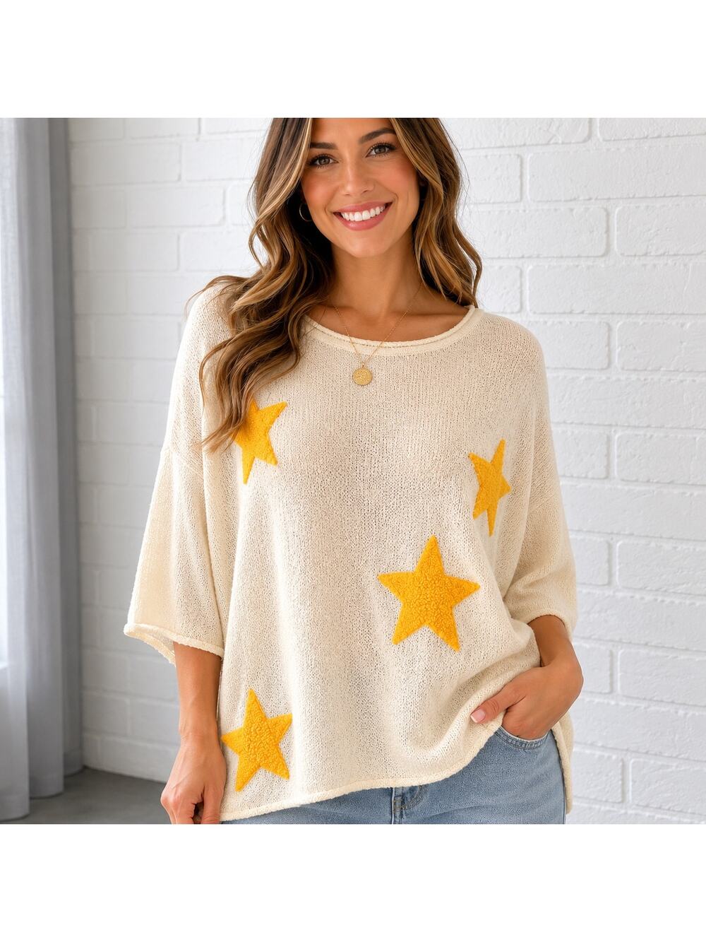 Promesa Sweater L Cream Yellow Star Applique Lightweight Knit Oversized Boho Top
